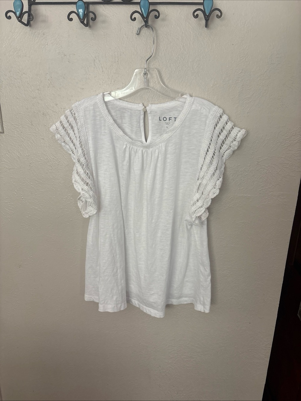 LOFT White Crochet Flutter Sleeve Keyhole Top